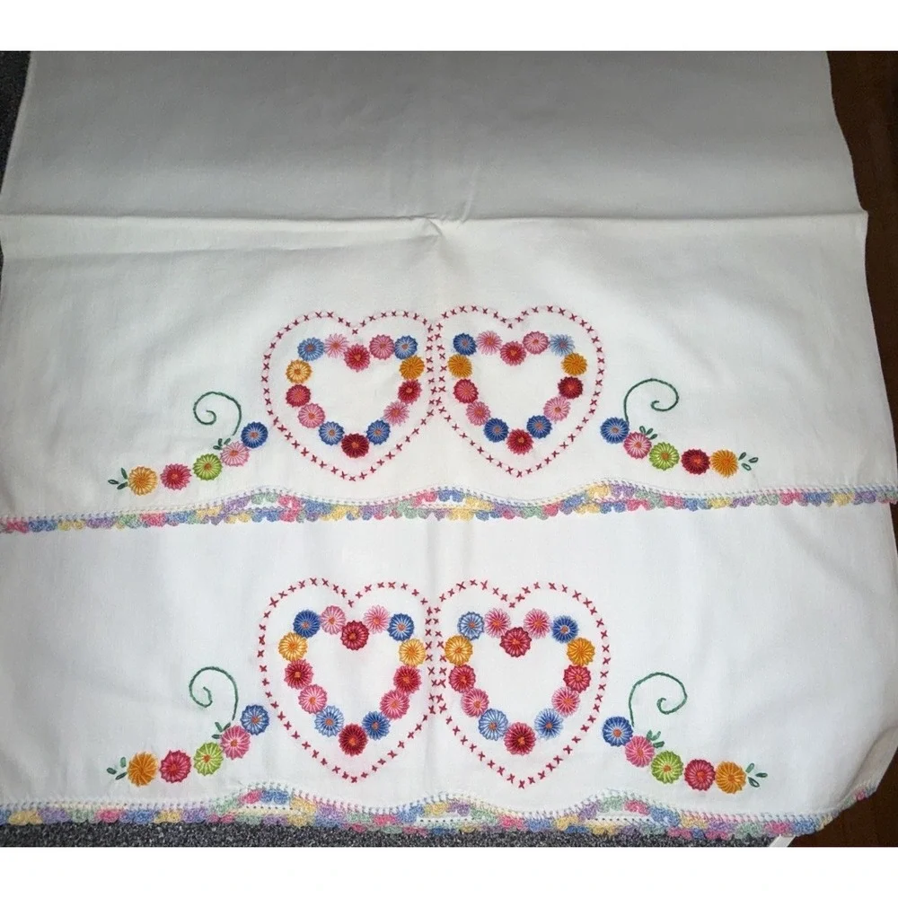 Vintage Pair Of Hand Embroidered Linen Pillowcase Pink Yellow Blue Flowers Heart